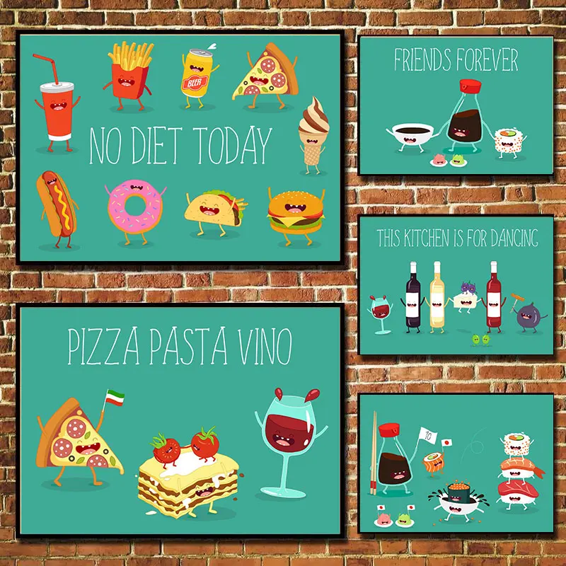 Funny Food Cartoon Image Text Pizza Burger Beverage Wall Art Canvas Painting Fashion Poster Wall Pictures Home Decor Kitchen