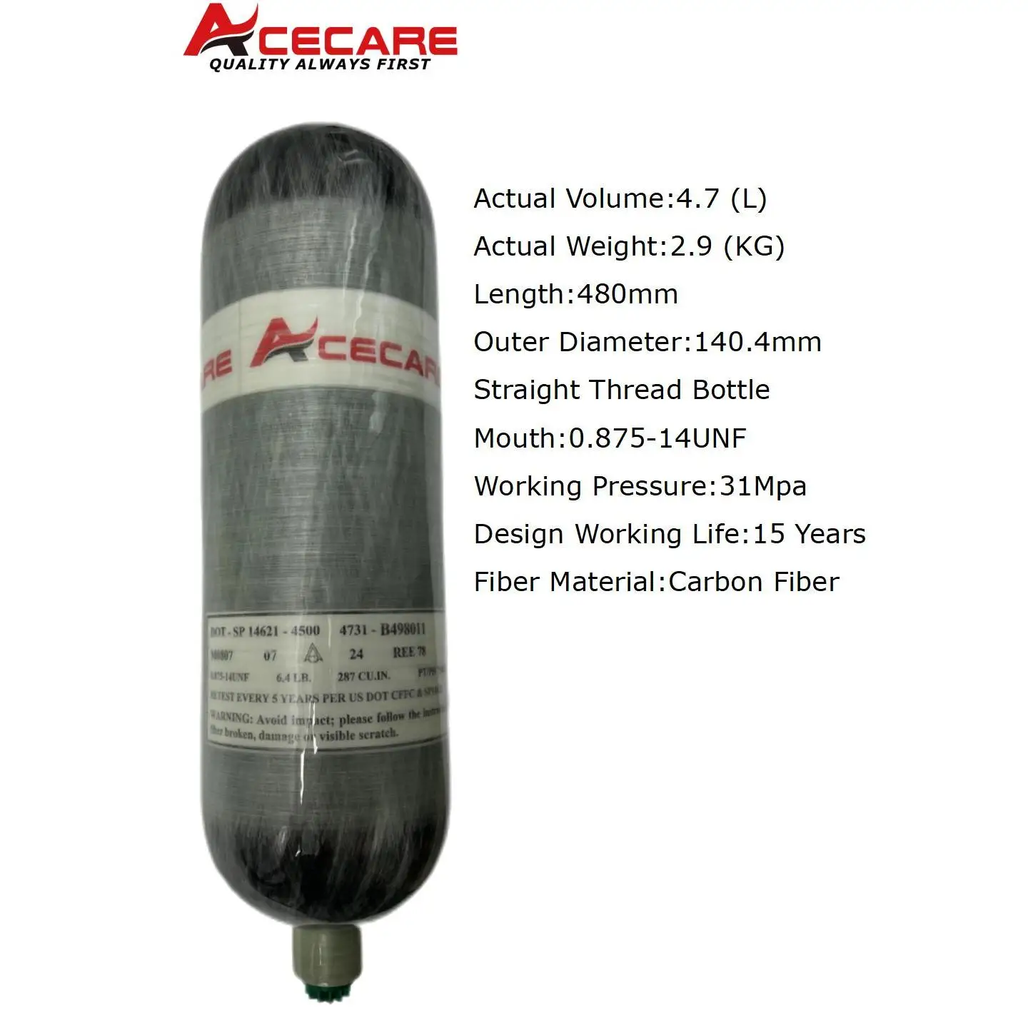 Acecare-Fibre de Carbone Précieuse pour Intervalles Haute Pression, Fil de 0.875 à 7/8, 14UNF, 4500psi, 4,7 l