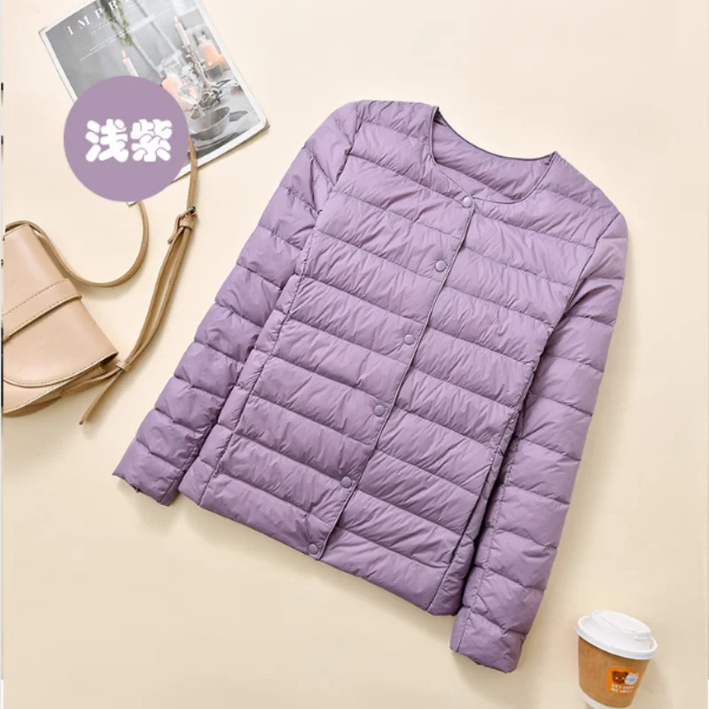 Herfst en winter Nieuw 2025, lichtgewicht donsjack voor dames, eenvoudig, modieus, elegant, woon-werkverkeer, binnenkant, ronde hals, V-hals, warme jas