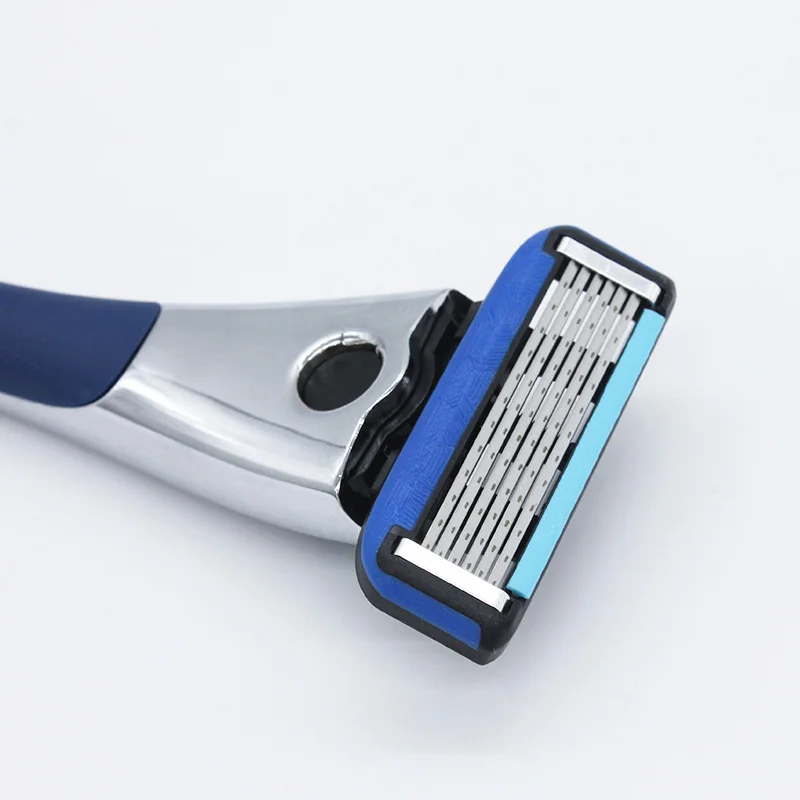 Men Manual Care Silver Metal Shaver Handle 6-Layer Stainless Steel Safty Razor Blade