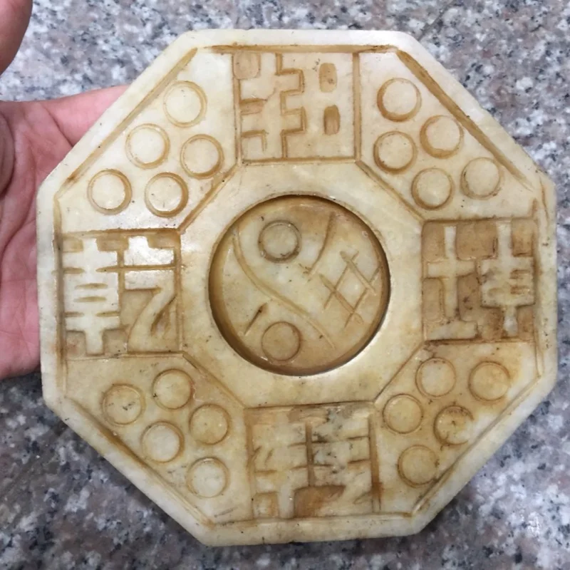 

Natural Jade Handcarved Double Sided Eight Diagrams Ornament Taiji Bagua Stone Mascot Statue