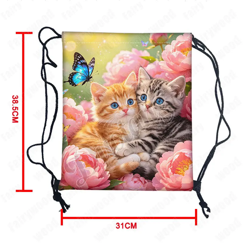 Cute Cat with Various Flowers Pattern Backpack Lovely Kitten Women Drawstring Bag Large Storage Bag Bookbag Shoe Holder