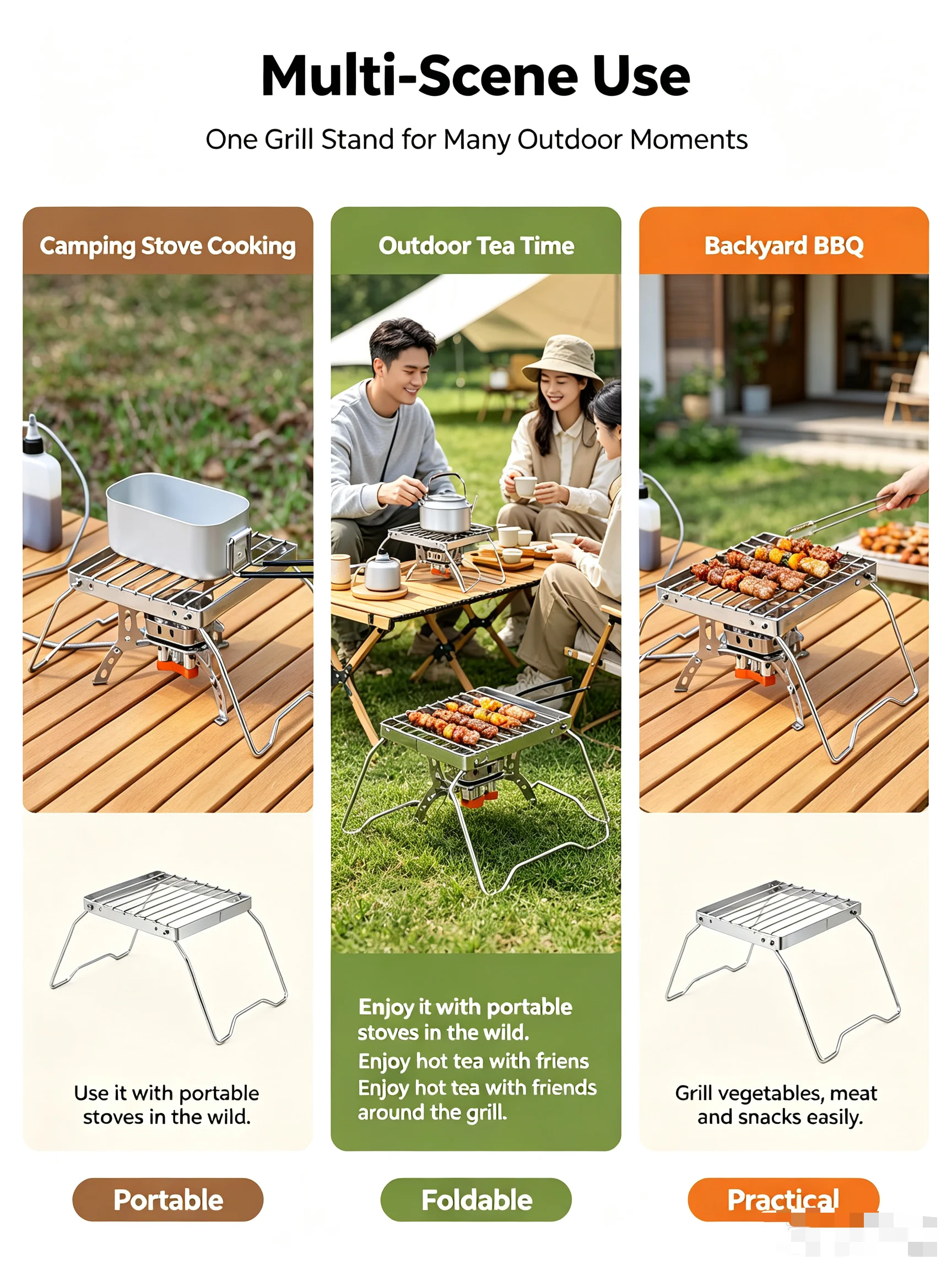 Tragbarer, zusammenklappbarer Campinggrillständer aus Edelstahl für Gasgrills, Holzkohlegrills und zum Zubereiten von Tee, für den Innen- und Außenbereich. – Detail 5