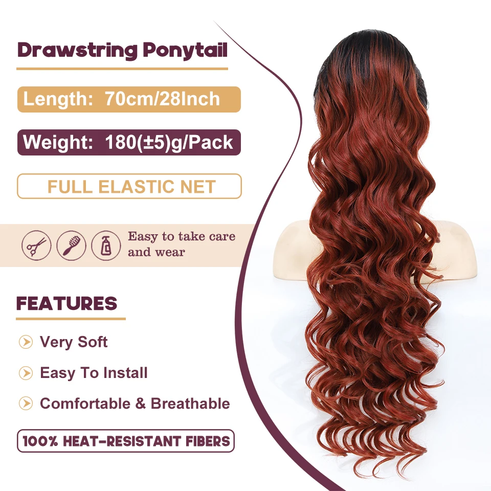 루즈 딥 웨이브 포니테일 붙임머리 블랙 합성 드로스트링 포니테일 여성용 롱 웨이브 가짜 말꼬리 헤어피스 28인치
