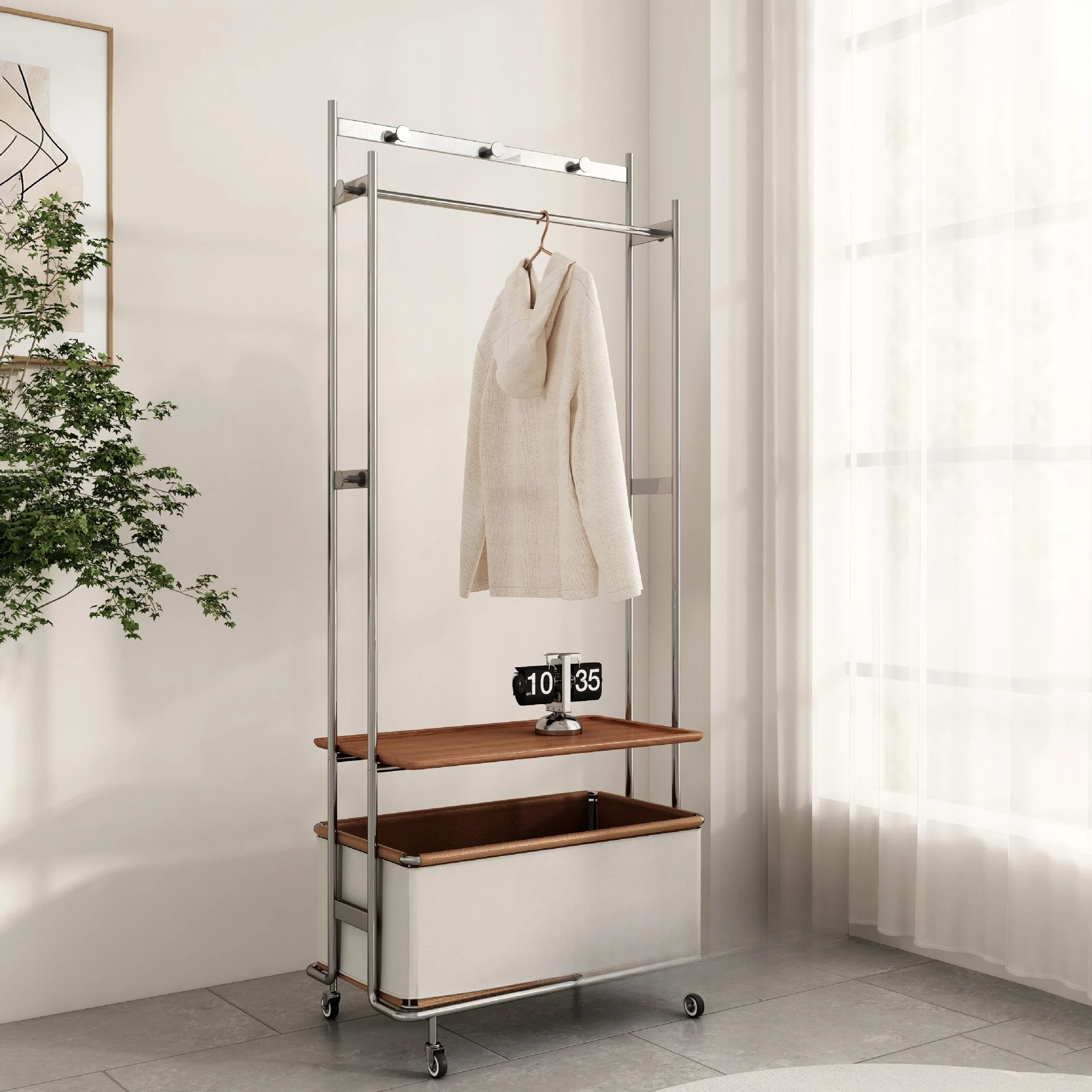 شماعة من الخشب الصلب من العصور الوسطى من الفولاذ المقاوم للصدأ، رف معطف أرضي متحرك، شقة صغيرة، غرفة نوم متعددة الوظائف #4