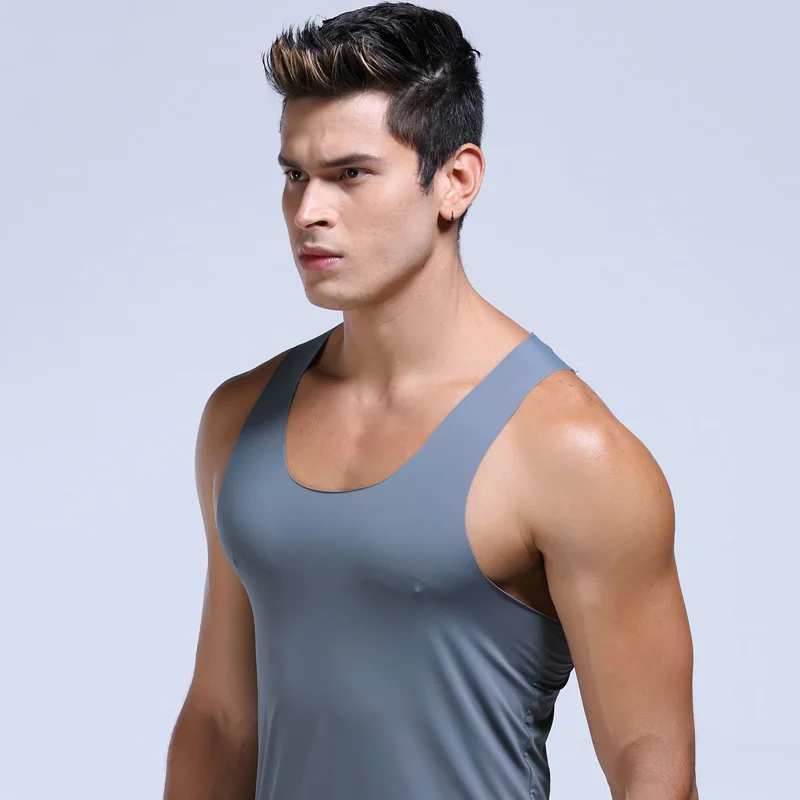 Men\'s Ice Silk Sports Seamless Solid Color I-Shaped Sweat Vest Single-Piece Sleeveless Tight Fitness One-Piece Bottoming Shirt