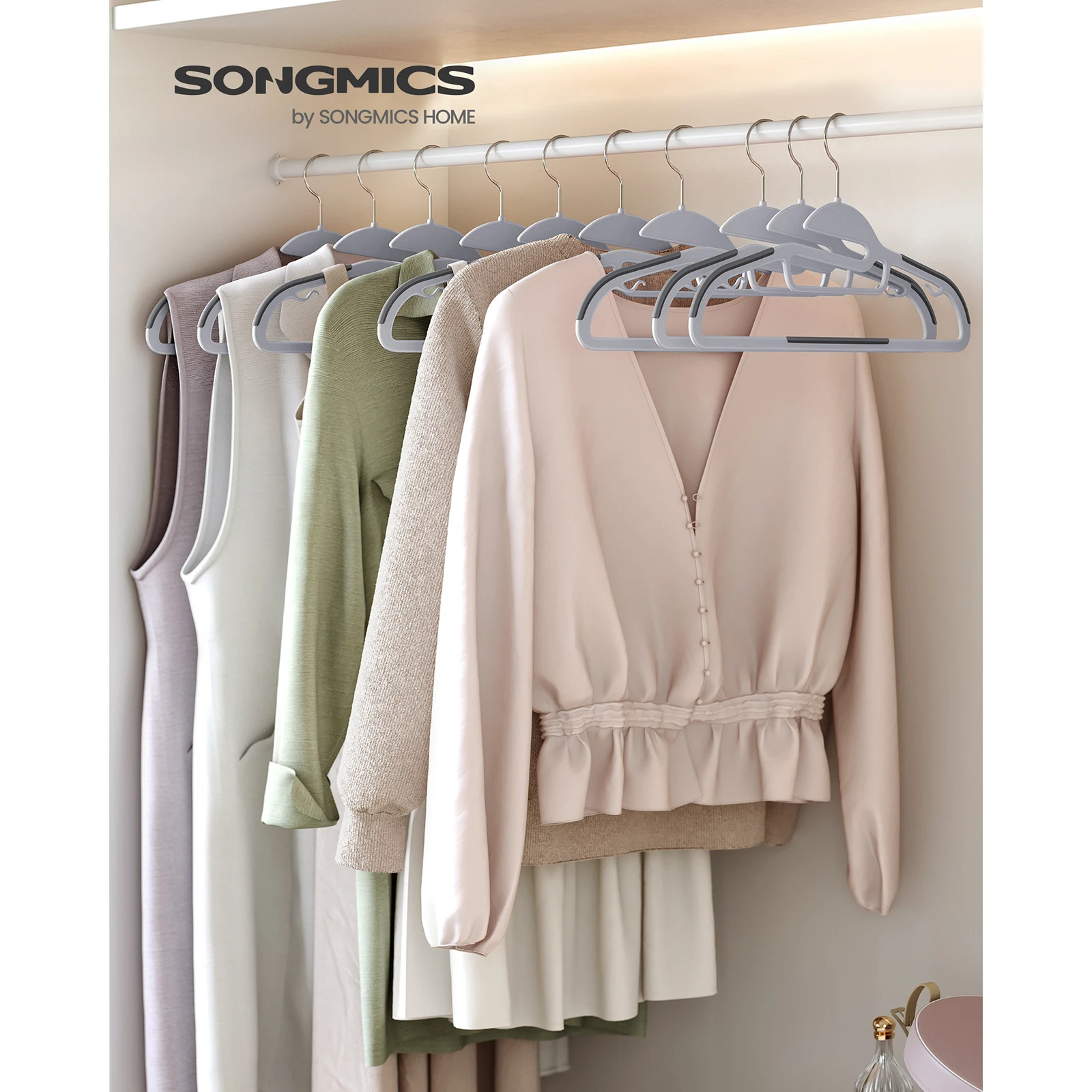 SONGMICS Set of 20 Plastic Hangers, U-Shaped Opening, Non-Slip, Space-Saving, 0.5cm Thick,41.5cm Long, 360° Swivel Hook,White