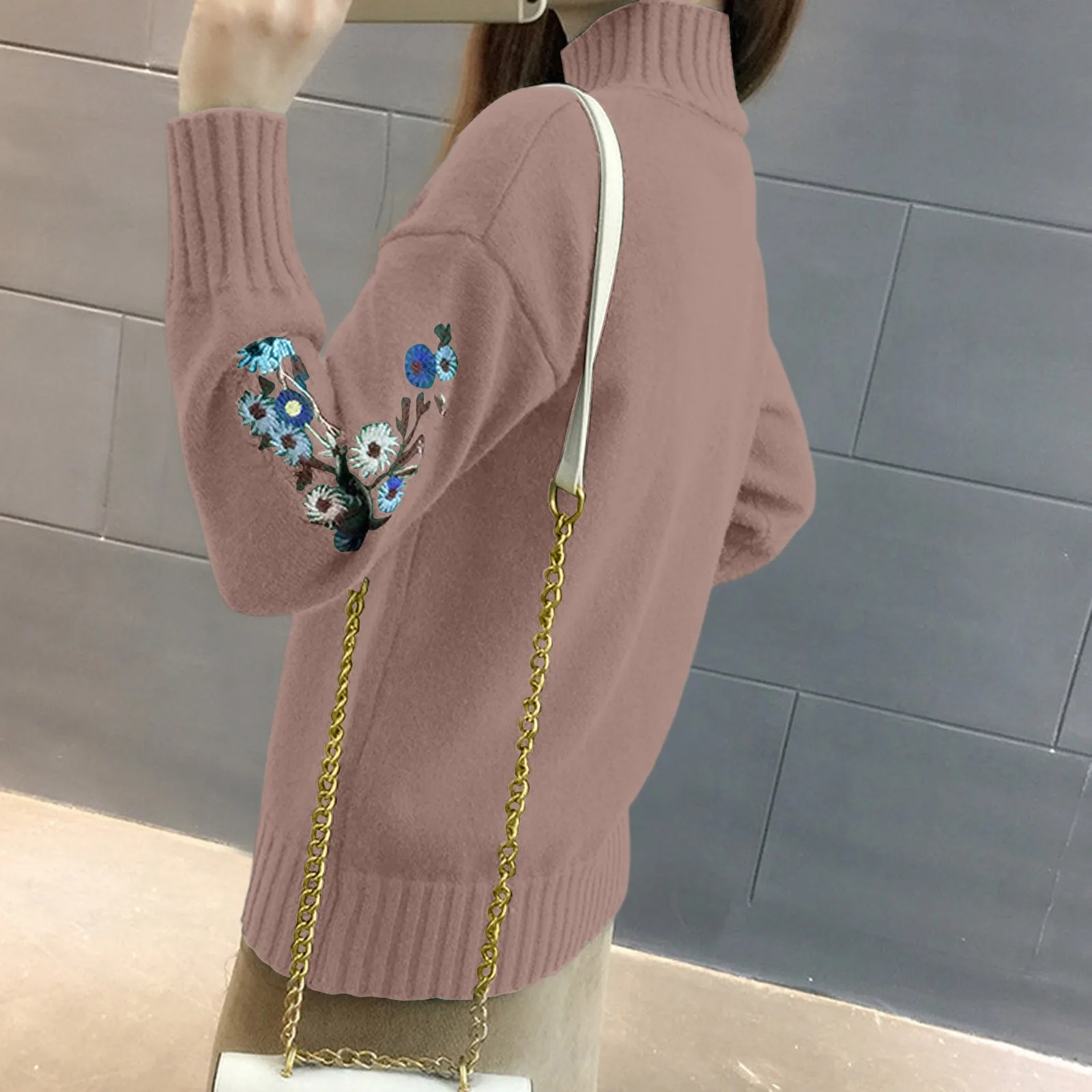 

2025 Women'S Semi High Neck Long Sleeved Knitted Sweater Top, Loose Embroidered Sweater Ropa De Mujer Winter Clothes Woman