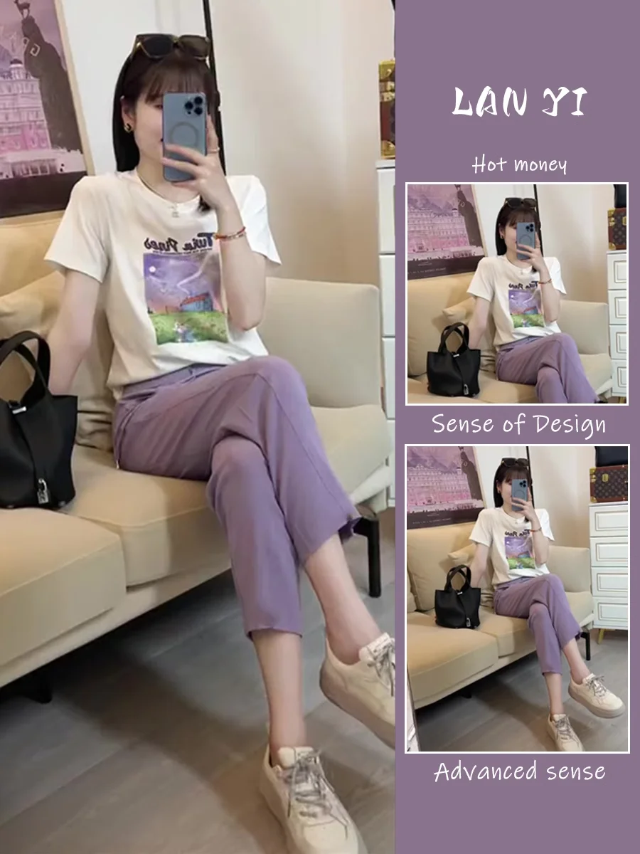 

Summer Fashion Slimming Trendy Active Spunky Personality Women's Clothing plus Size MM Two-Piece Set Top And Pants Ensemble