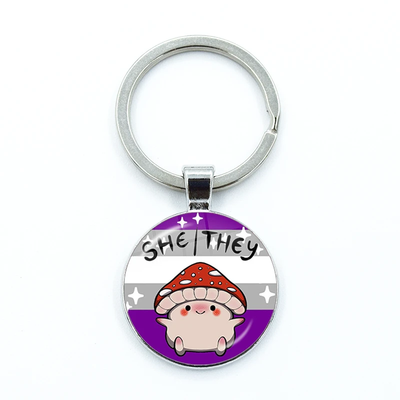 Genderfluid فخر وہ الفطر الضميمة المفاتيح الزجاج كابوشون لطيف كيرينغ حقيبة سيارة مفتاح سلسلة حلقة حامل حُليات المجوهرات