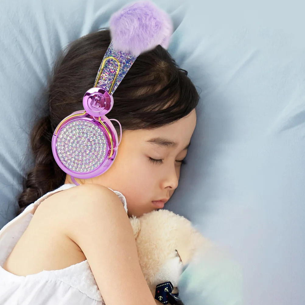 

Over Ear Headphone with Mic 3.5mm Plug Adjustable Band Glitter Rhinestone Furry Ball Design Headphones for Ages