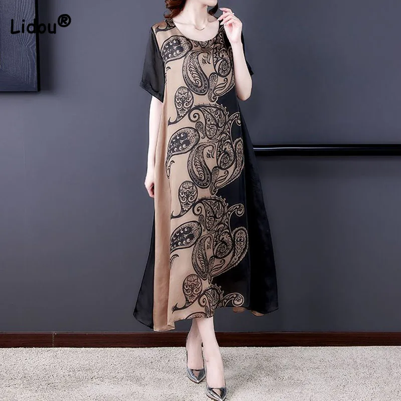 

Loose Vintage Female Printing Spliced Dresses 2023 Summer Short Sleeve Elegant Casual Round Neck Midi Dress Women's Clothing