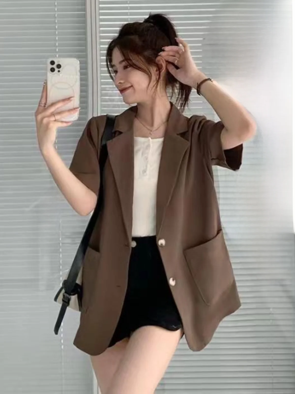 Summer Casual Versatile ort Sve Women's  Trendy All-Match Small Western Sle Top Button Closure Other Material