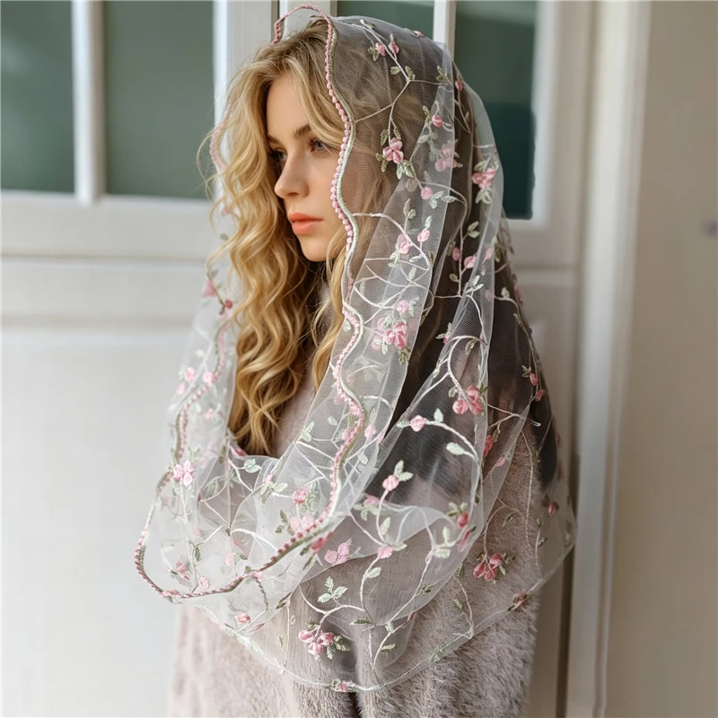 Pink Green Embroidered Floral Mantilla Church Head Covering Women Catholic Gift Latin Mass Vintage White Tulle Chapel