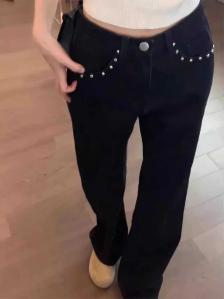 Black Rivet Bell Bottom Jeans Women's Summer New Large Size Loose Slim Straight Drapey Wide Leg Long Pants