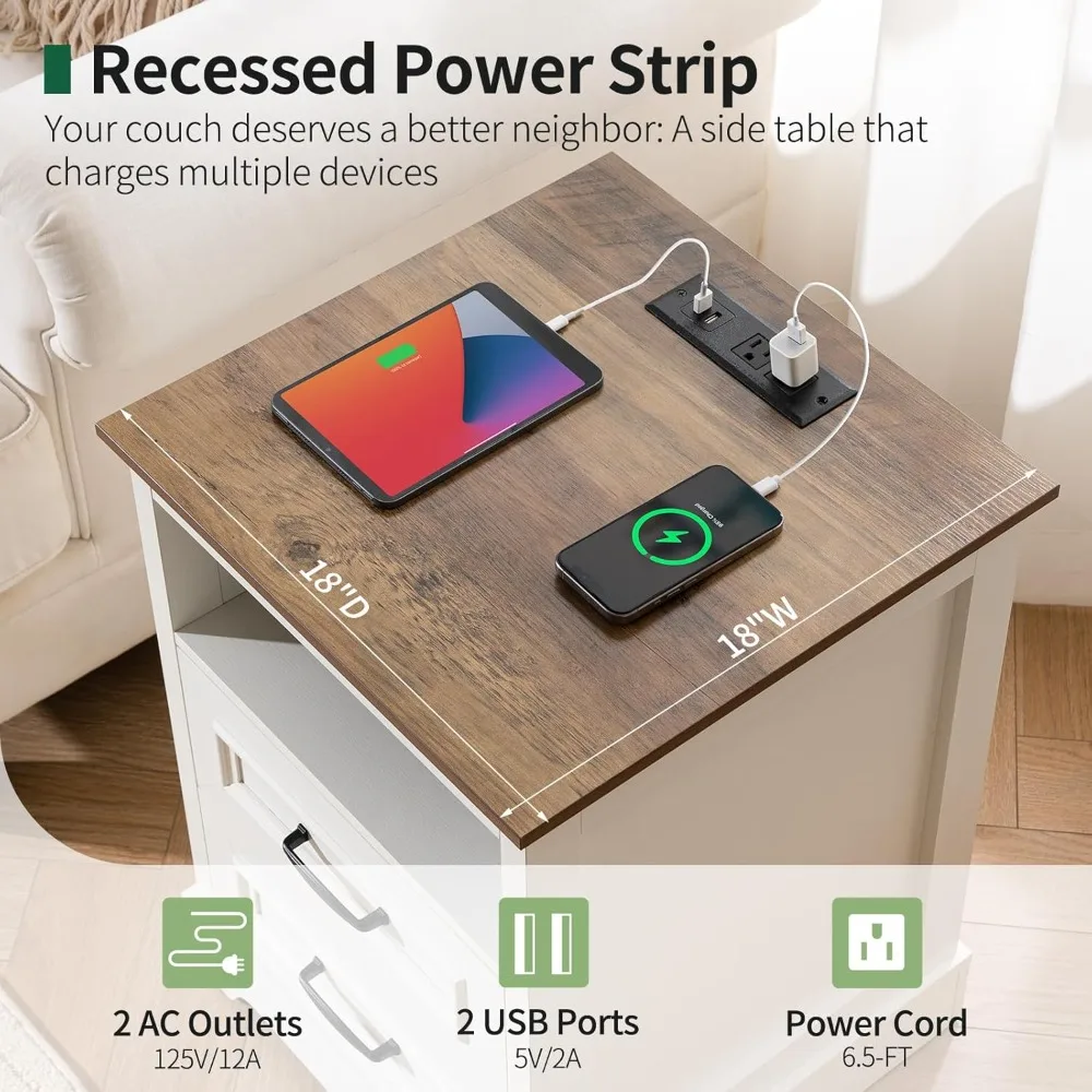 Farmhouse Nightstand with Charging Station, Wood Night Stand Set 2, 2 Drawer Nightstands Set of 2, Bedside Table with Storage, R