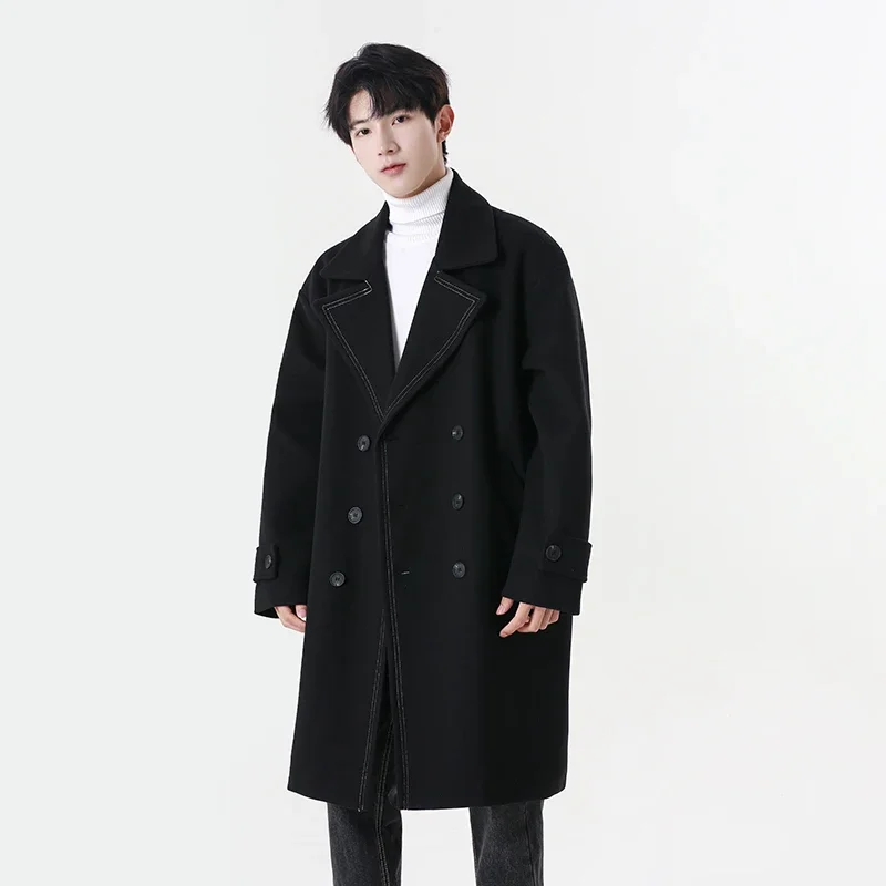 Autumn and winter new men's woolen coat Korean version of the trend of high quality loose cloth trench coat size 3XL