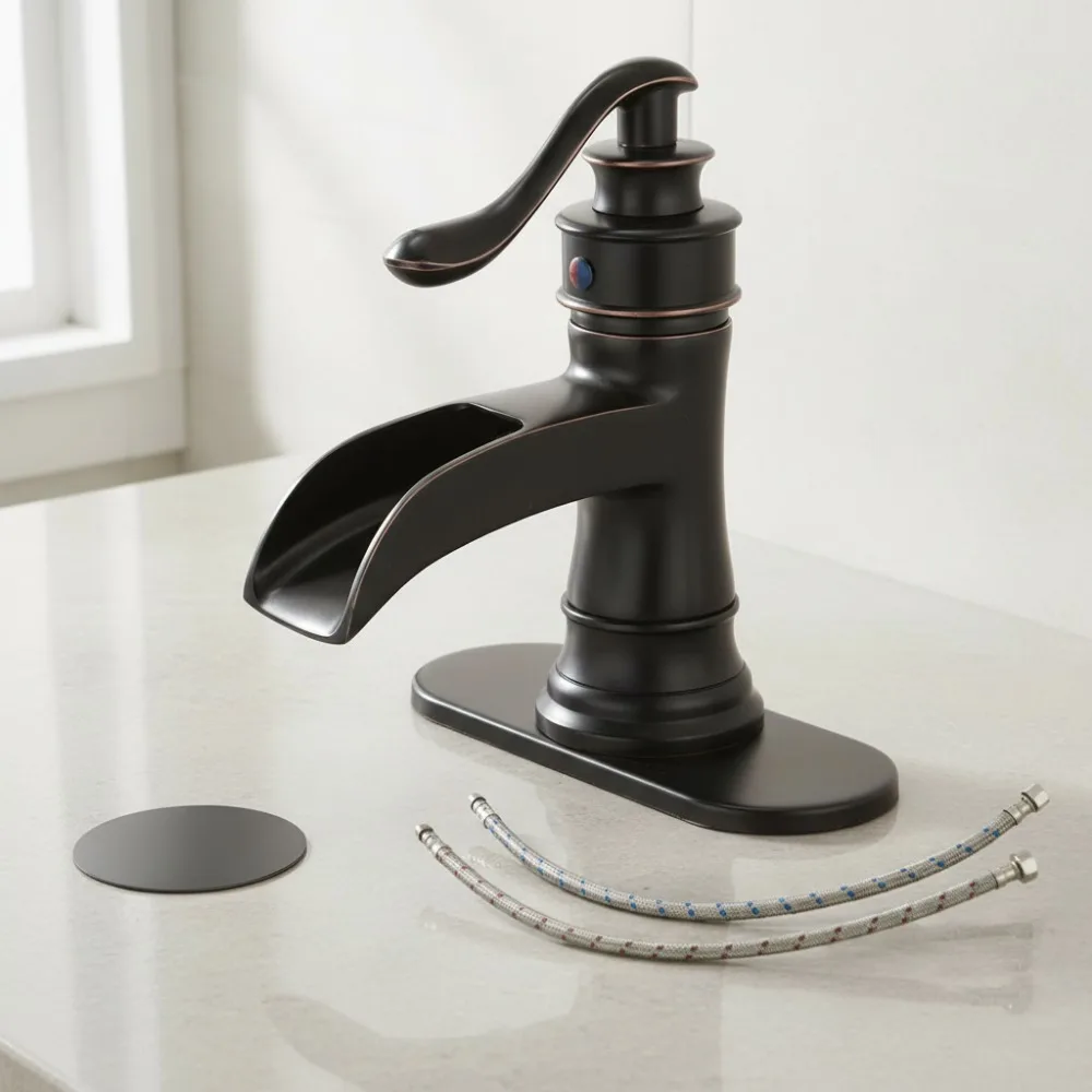 

Waterfall Bathroom Sink Faucet Single Handle Mixer Tap with Pop Up Drain Oil Rubbed Bronze 1.2 GPM Water Saving