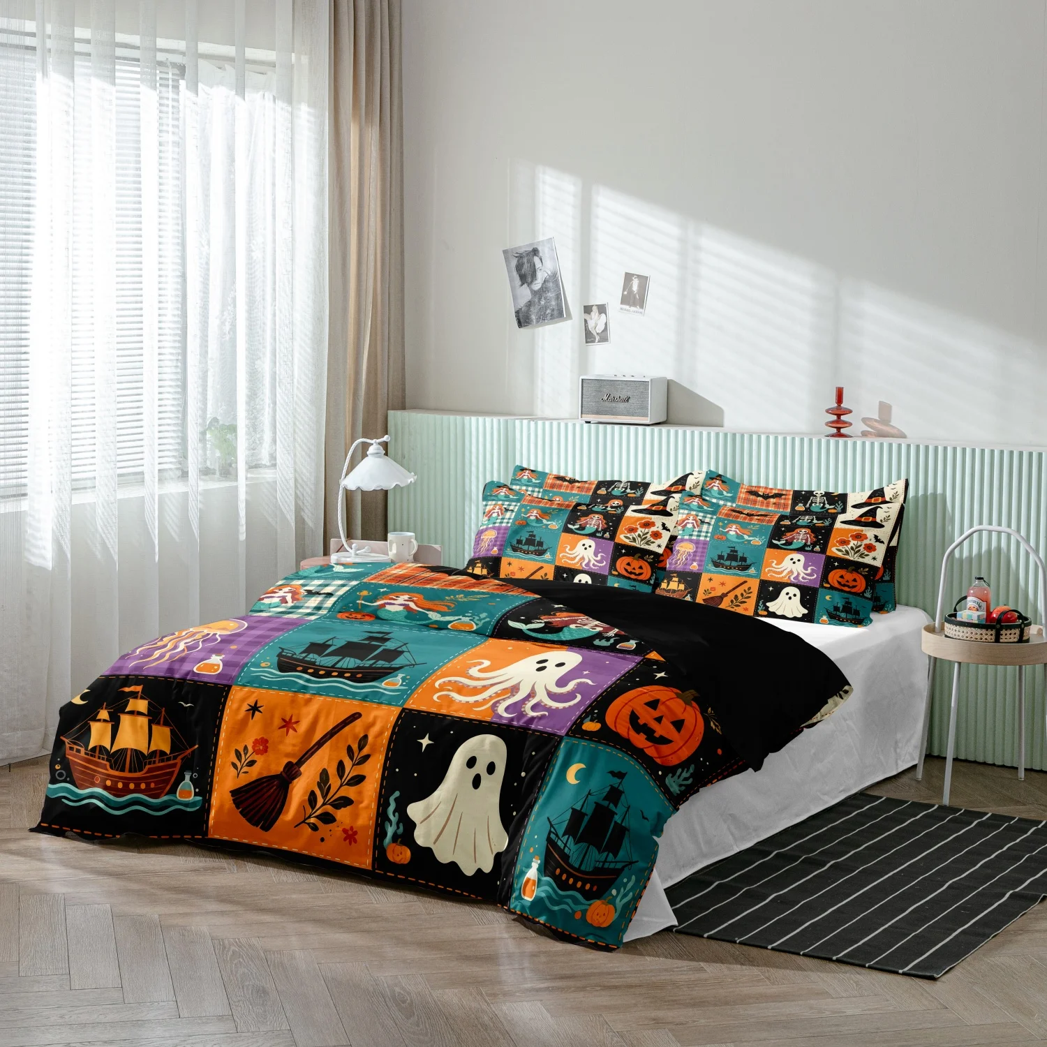 3Pcs Color Block Grid Duvet Cover Set, Patchwork Halloween Nautical Mermaid Ghost Pirate Ship Octopus Pumpkin Print Bedding
