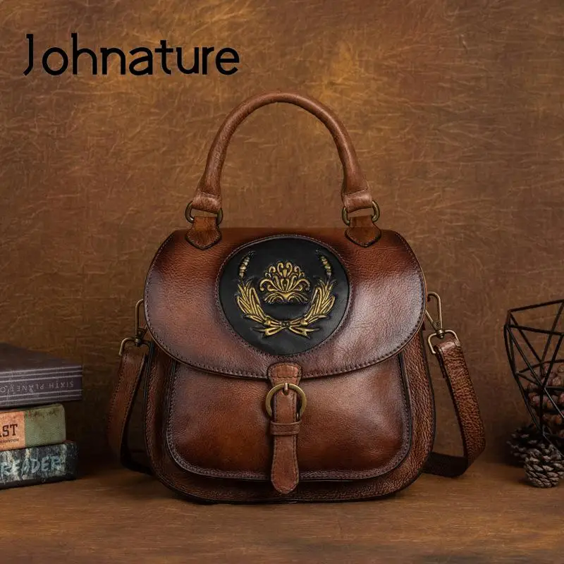 Johnature Genuine Leather Multi-purpose Shoulder Bag Women Backpack Handmade Vintage Natural Soft Cowhide Versatile Handbag