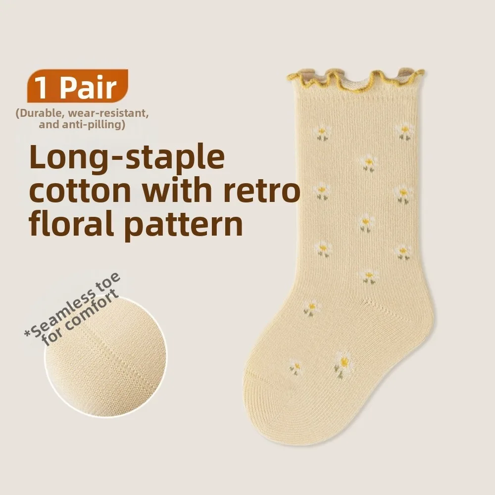 2 Pairs Soft Cotton Baby Fall Socks Ruffle Trim Small Flowers Pattern Princess Socks Breathable Kids Floor Stockings Daily Wear