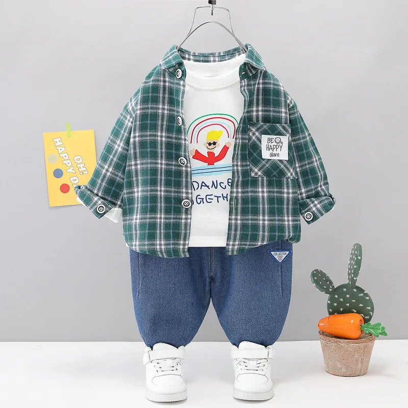 

Children Clothes Boys Boutique Clothing Set Spring Autumn Plaid Turn-down Collar Shirts White T-shirts Jeans Baby Boy Outfits