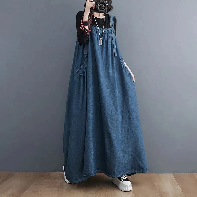 2026 primavera outono novo denim cinta vestido feminino oversized cowboy cinta vestido longo estilo grande balanço vestidos soltos design sentido