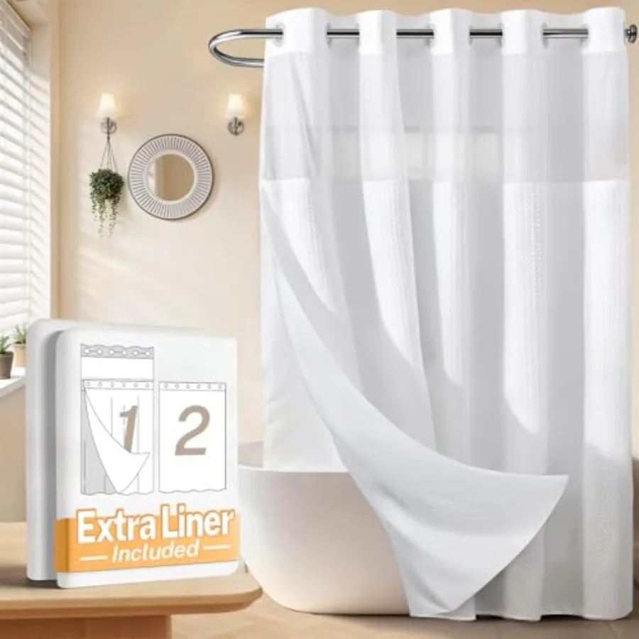 

No Hooks Waffle Weave Shower Curtain with Snap in Liner + an Extra Replacement Liner Bathroom Curtains Shower Set - 71W x 74H,