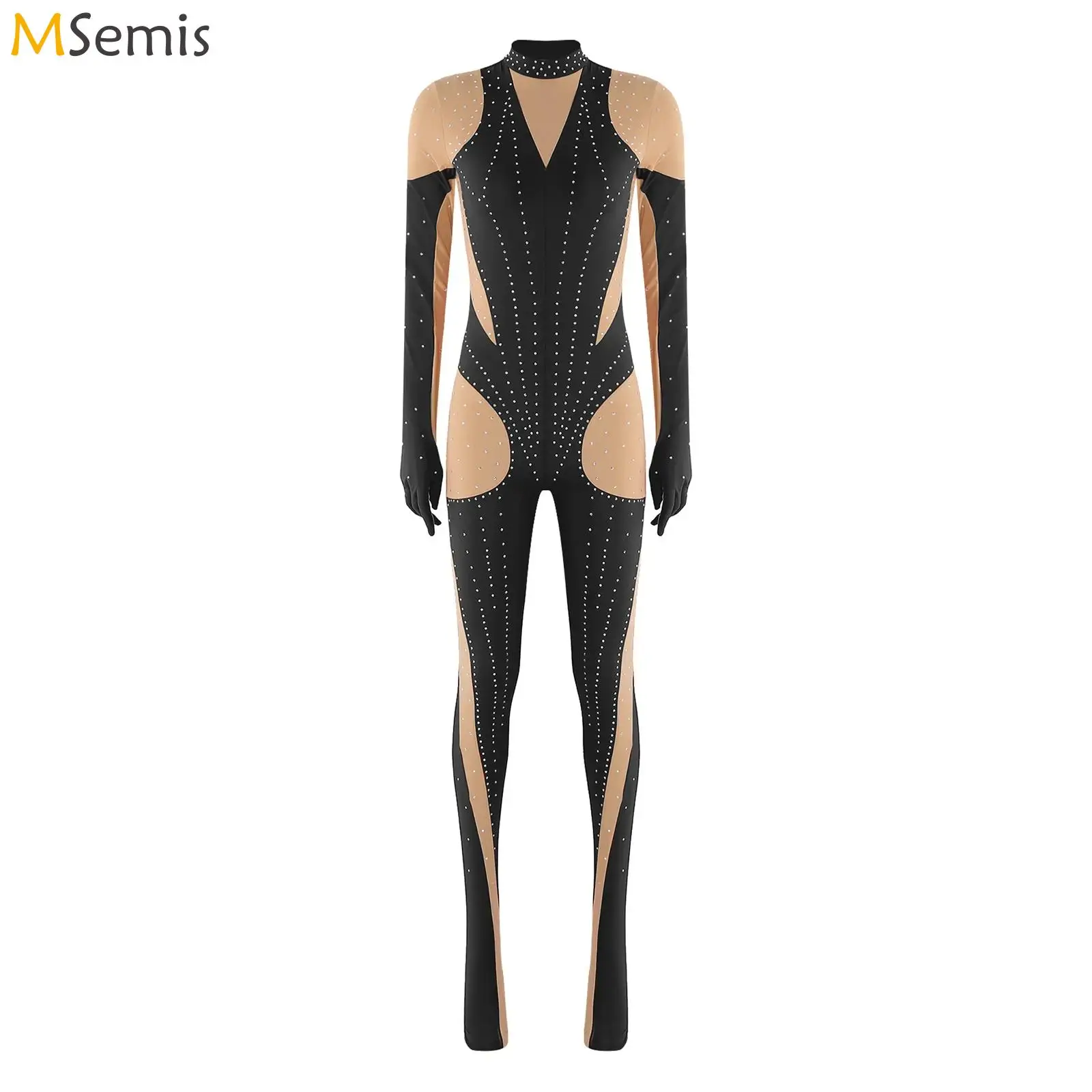 

Женский гимнастический трико со стразами, комбинезон на все тело, боди с перчатками, комбинезон для фигурного катания, йоги, балета, танцевальной одежды