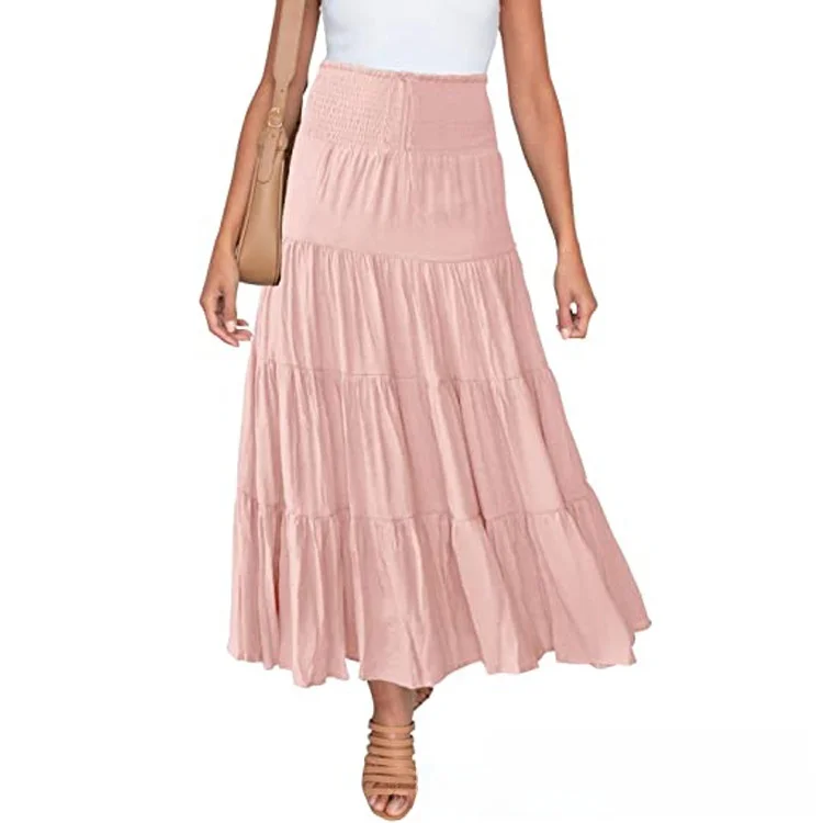 Bohemian Style Elastic Waist Long Skirt Women's Summer Casual Drawstring A-Line Skirt Polyester Patchwork Gored Skirt