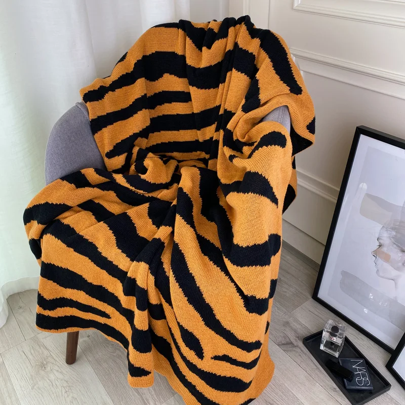 DUNXDECO Animal Tiger Print Art Knitted Blanket Cotton Bedspread Cobertor Modern Simple Yellow Black Woven Throw Warm Home Deco