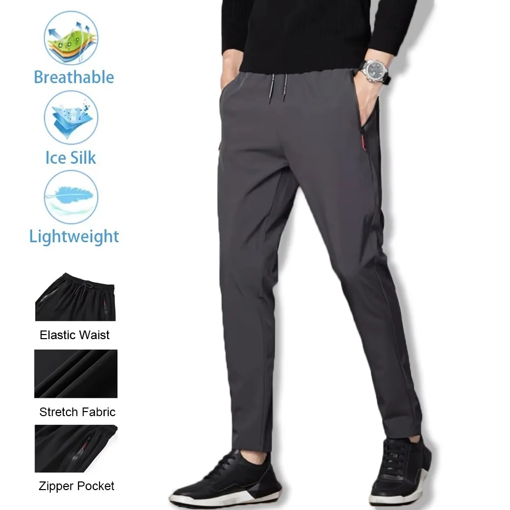 

Summer Men's Ice Silk Pants Casual Sports Pants Zipper Pockets Slim Breathable Lightweight Cool Feeling Male Trousers