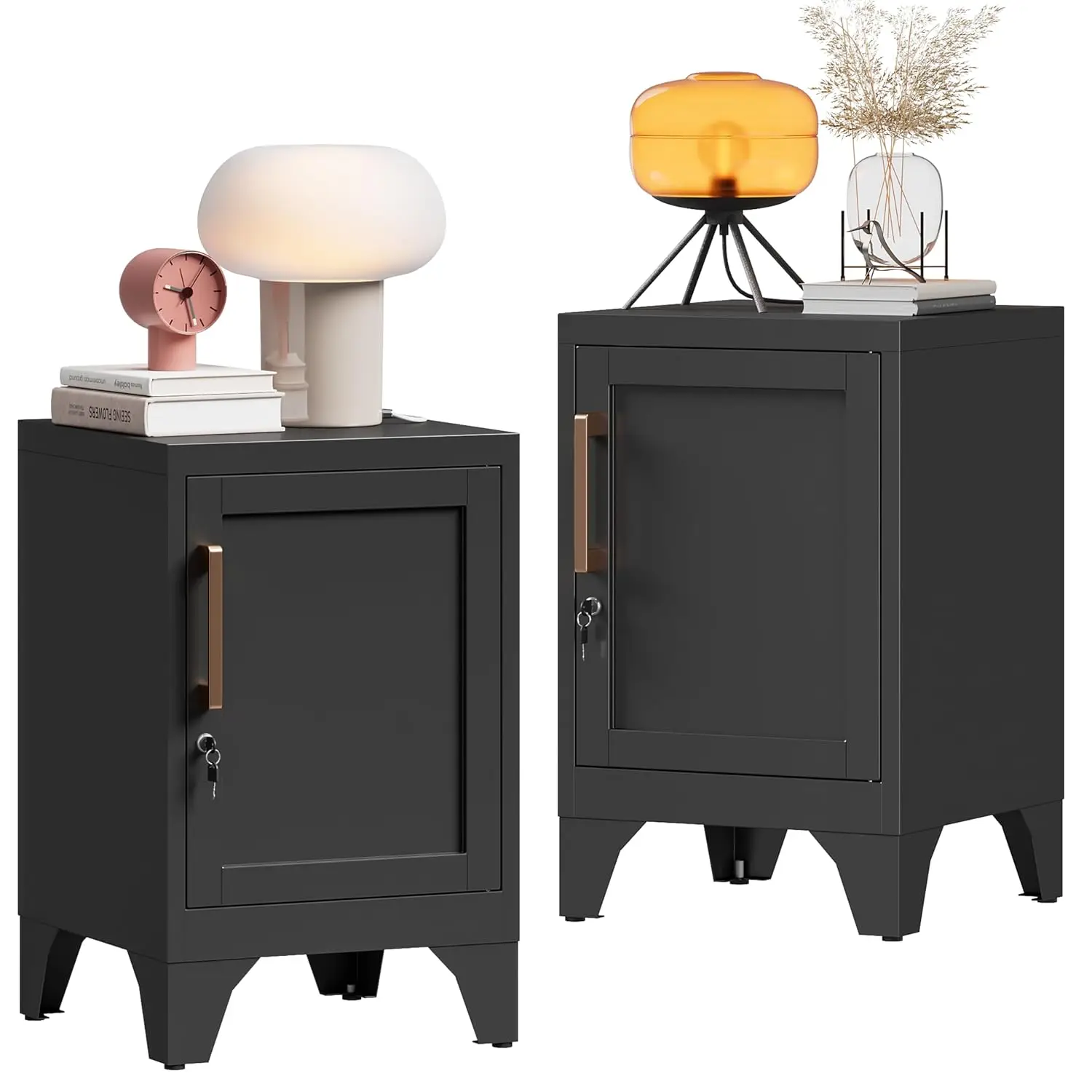 Metal Locker Nightstand Set of 2 Black Locking Bedside Table with Door & Adjustable Shelf Small Side Table Detachable,Customized