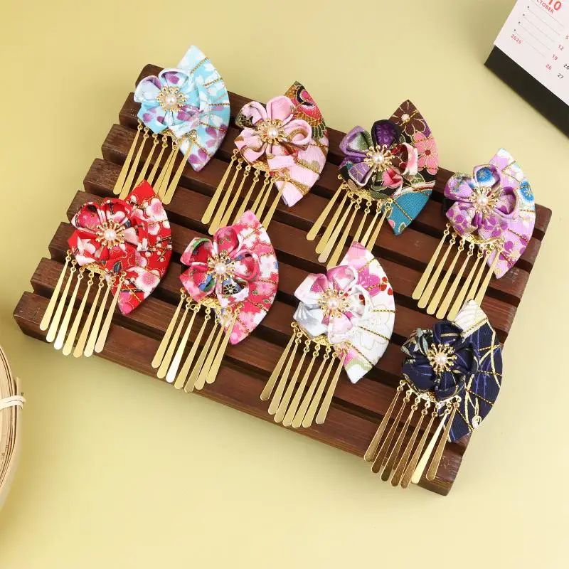 Japanese Kimono Robe Hair Clip Women Hairpin Faux Pearl Flower Fan Elegant Wedding Ceremony Accessory