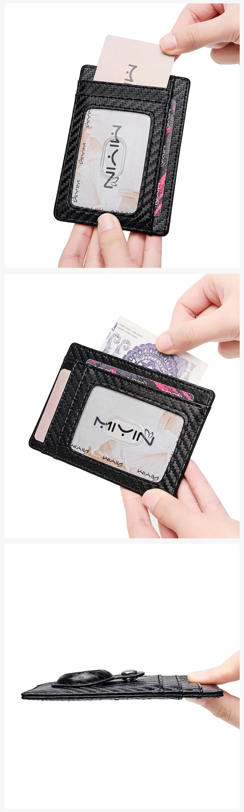 Ultradünne RFID-blockierende Kreditkartenbörse, kann Airtag aufnehmen, minimalistischer Ausweishalter für Männer und Frauen, beidseitig nutzbare Geldbörse – Detail 5