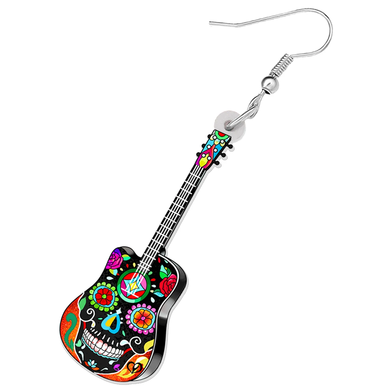 Bonsny Halloween Acrylic Skull Floral Guitar Earrings Dangle Drop Instruments Punk Jewelry Charms Gifts For Women Girls Teens