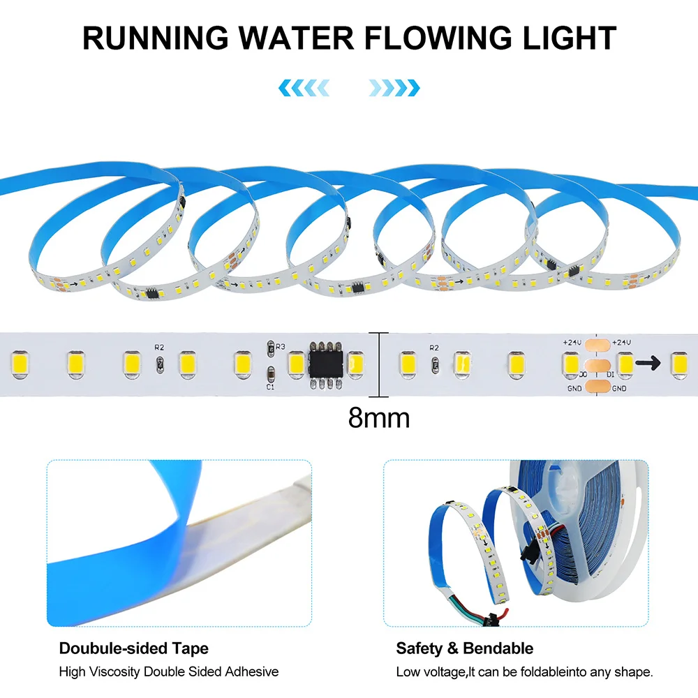 WS2811 LED Strip Light 2835 24V Running Water Flowing Lights  Controller Flexible Tape 120Led IP30 5m 10m Wall Switch Power Kit