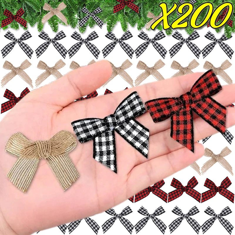 20/200PCS Mini Plaid Bow Ornaments Christmas Tree Red Black Gingham Ribbon Decoration DIY New Year Party Gifts Package Supply