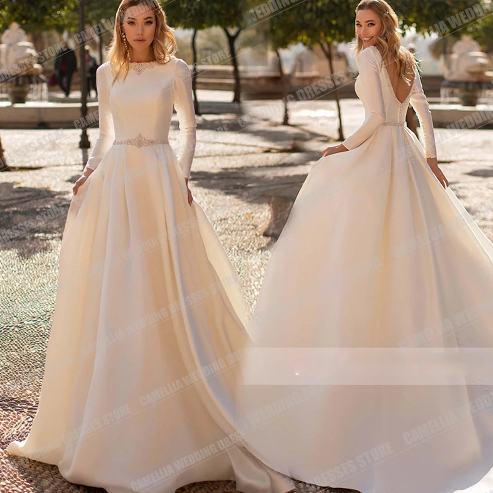 

Gorgeous Elegant Wedding Dresses For Women A Line Muslim Sexy O Neck Satin Formal Sweep Train Party Bridal Gowns فساتين طويلة