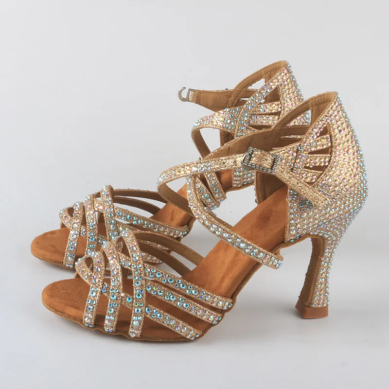 

Venus lure Customized Heels Dance Shoes Gold Glitter with Rhinestones Suede Bottom Dancing Heels 9CM