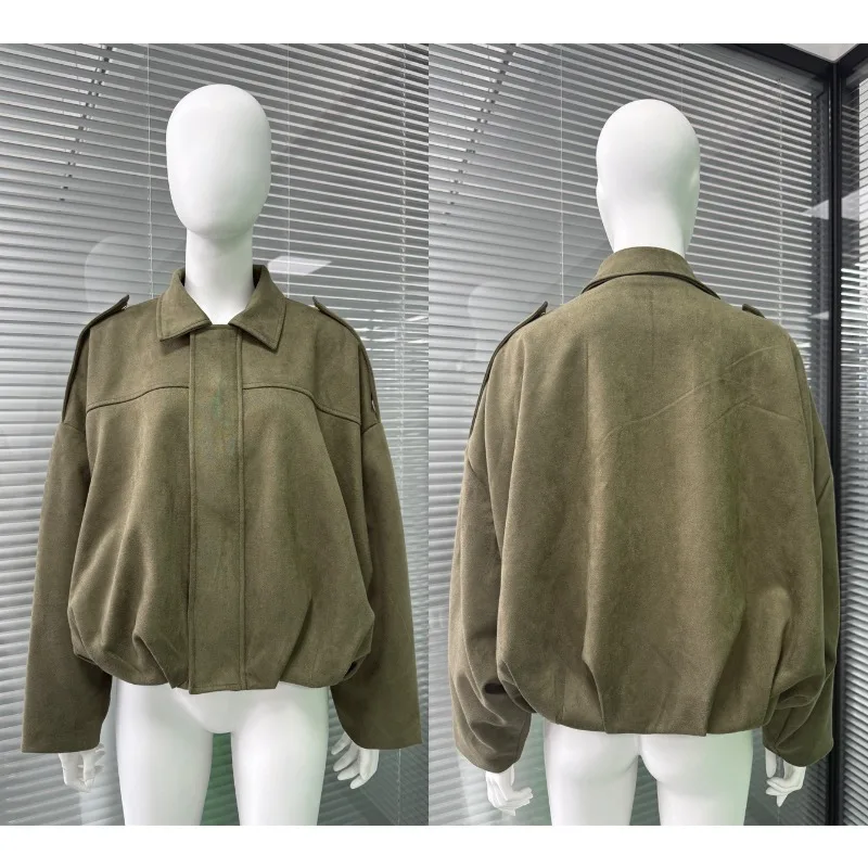 

2025 замшевые куртки-бомберы для женщин, однотонная куртка большого размера с лацканами, женские короткие пальто, модная уличная одежда на молнии