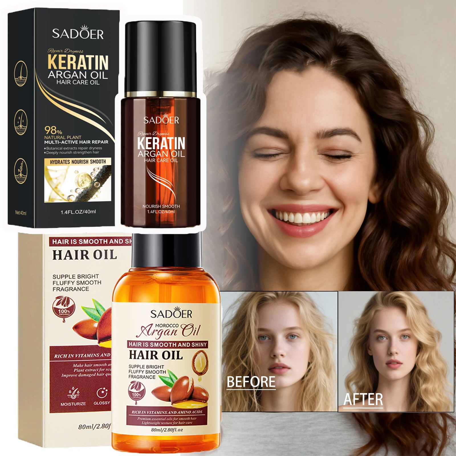 

Keratin Morocco Argan Hair Oil Nourishing Repair Damaged Improve Split Hair Rough Remove Greasy Treatment Hair Care 80ml/40ml