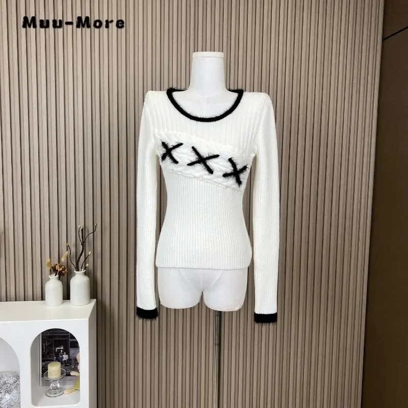 

2023 Winter Hotsweet Casual Round Neck Knitting Long Sleeve Pullovers Women Gyaru Patchwork Sheath Ladies Sexy Spliced Sweater