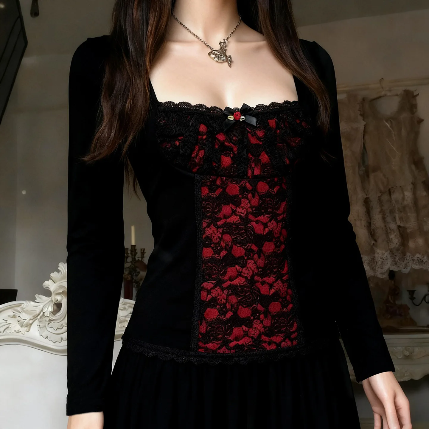 GG 2026 Gothic Lace Patchwork Square Neck Long Sleeved T-shirt Sexy For Women Basic Slim Top Y2k Streetwear Shirt Autumn Spring