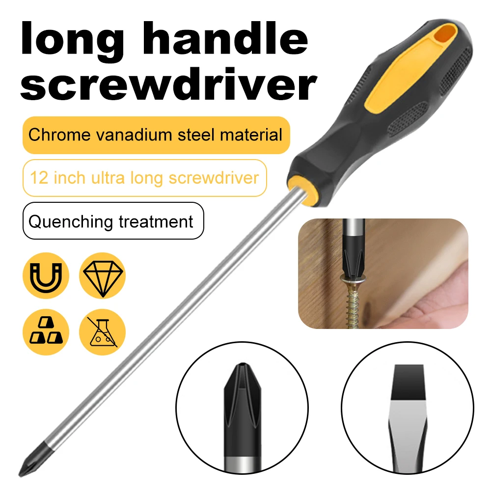 12 inch Multipurpose Magnetic Electric Screwdriver Extended Screwdriver Long Slotted Cross Screwdriver Rubber Handle Repair Tool