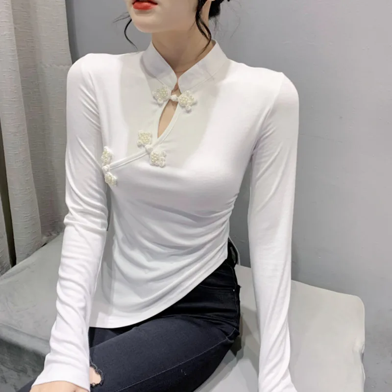 #8093 Black White Irregular T Shirt Women Buttons Vintage Hollow Out Stand Collar Chinese Style Short Tight T Shirt Long Sleeve