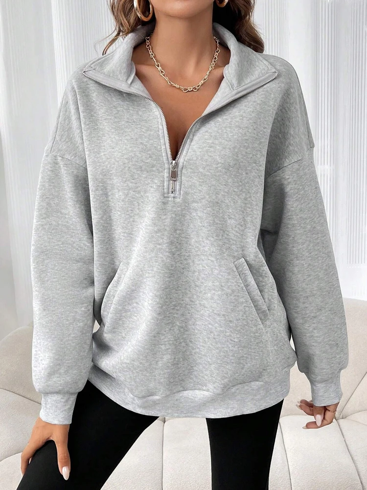 

2025 Spring Autumn New Half Zipper Loose Pullovers Vintage Casual Pocket Sweatshirts Solid Femme Long Sleeve Outerwear Basic Top