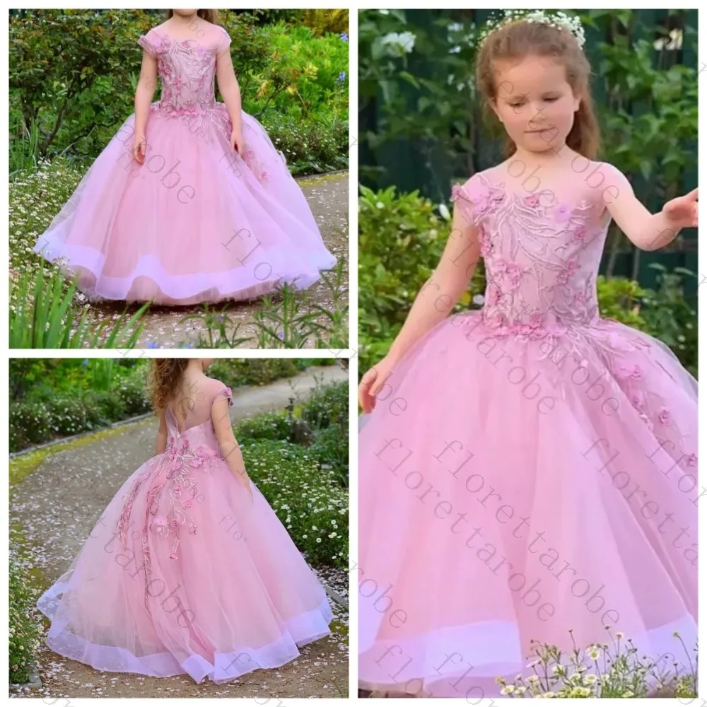 Customized Light Pink A-Line Floral Embroidery Flower Girl Dress for Wedding Birthday Party Quinceañera Princess Ball Gowns
