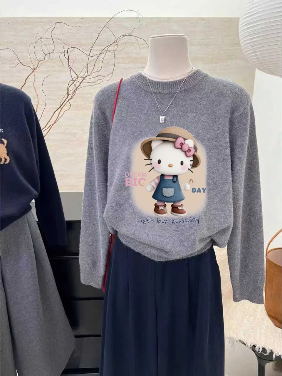 따뜻한 루즈핏 롱 니트 스웨터 KT 인형 프린트 만화 스타일 여성용 가을 겨울 신상 패션 탑