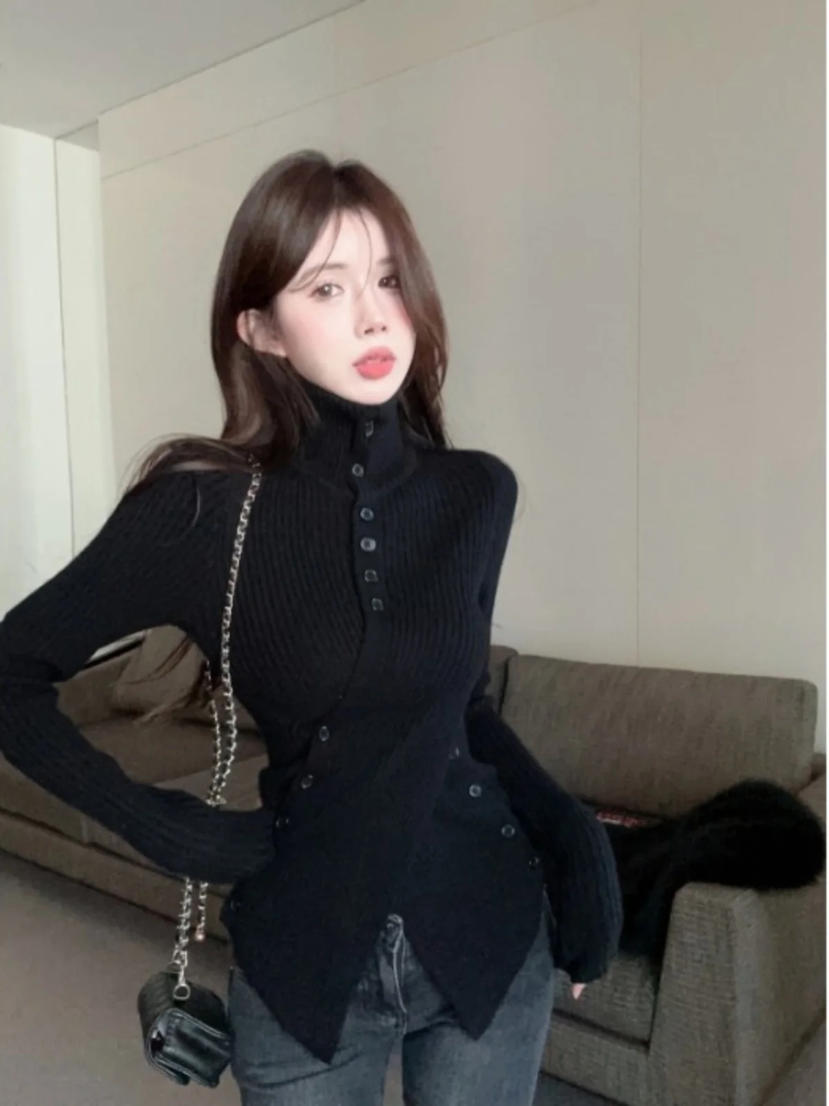 

Женский вязаный свитер Ele с асимметричным дизайном, высоким воротником, облегающий, для осени и зимы